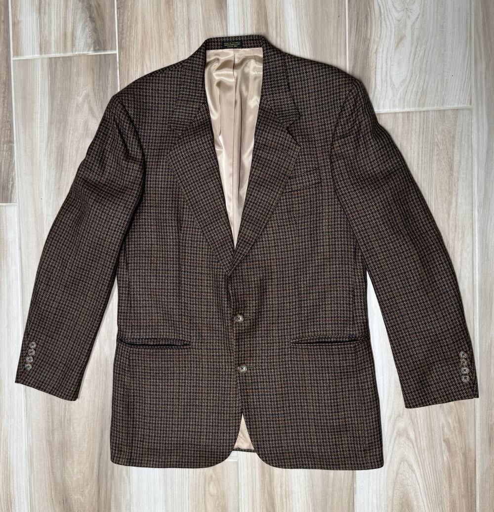 Oscar De La Renta Blazer Mens 40L Brown Houndstooth Wool Sport Coat Two Button